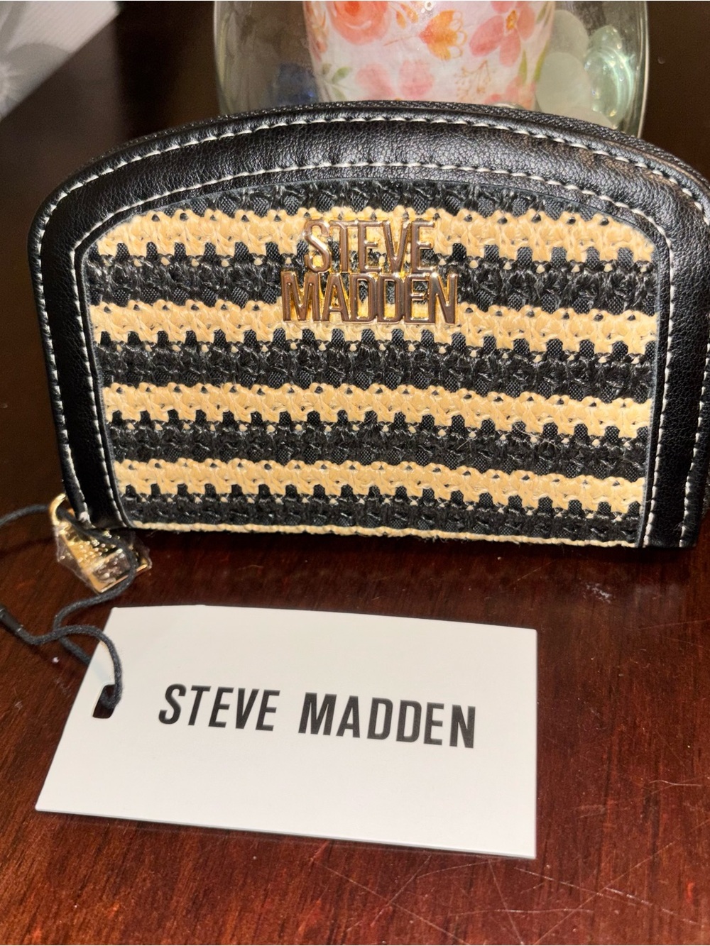 Steve Madden Black and Tan Woven Stripe Zip Card Case